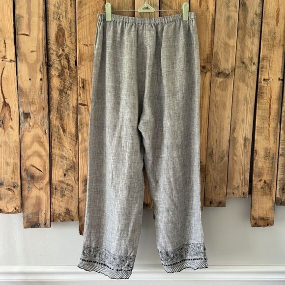 LA Blend Wide Leg Linen Pull On Lagenlook Boho Pants Beaded Sequin Hems Size M - Picture 3 of 14
